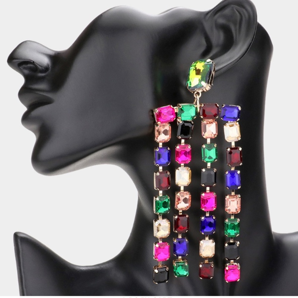 Emerald Cut Stone Fringe Evening Earrings